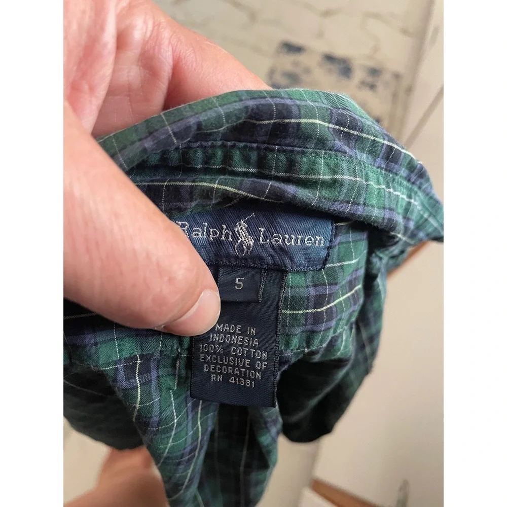 Polo Ralph Lauren Boys Green Navy Plaid Button Down Shirt Size 5 Long Sleeve